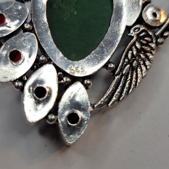 Sterling Silver Pendant with Green Carved Face and Red Garnet Accents - Picture 4 of 10